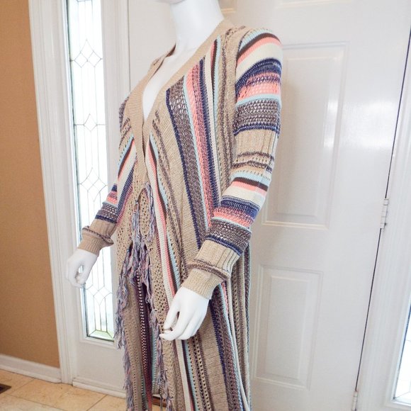 DON'T YOU DARE PINK BLUE MULTI LONG SLEEVE FULL LENGTH SPRING CARDIGAN W/ FRINGE - Picture 2 of 5